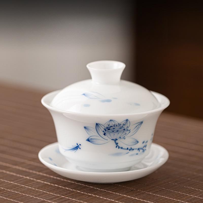 Sancai cover bowl Dehua white porcelain tea bowl Chinese-style household high-end large-capacity hover cover bowl tea