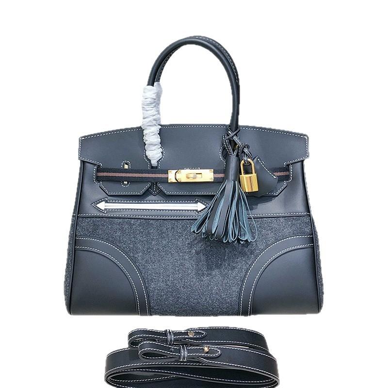 Haute Couture Version First Layer Swift Cowhide Splicing Felt, Contrasting Leather Handheld Women's Bag Shoulder Messenger Bag