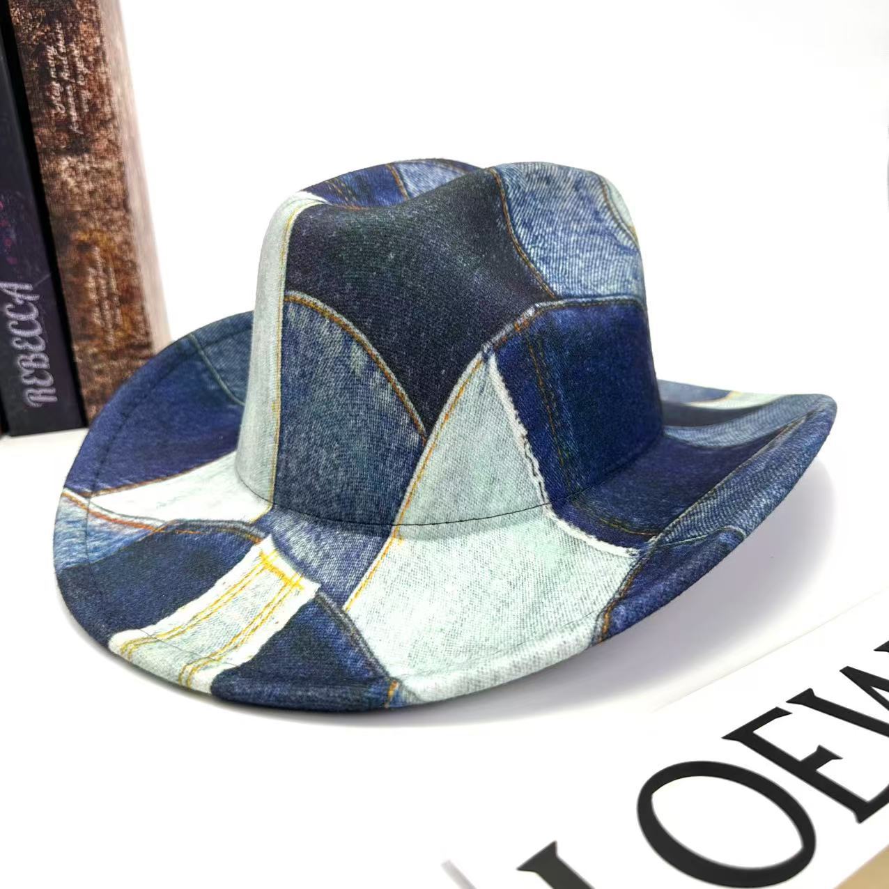 

Mountaineering Top Hat Western Cowboy Hat Retro Retro Color Matching One-Word Jazz Hat M（56-58cm） темно-синього кольору