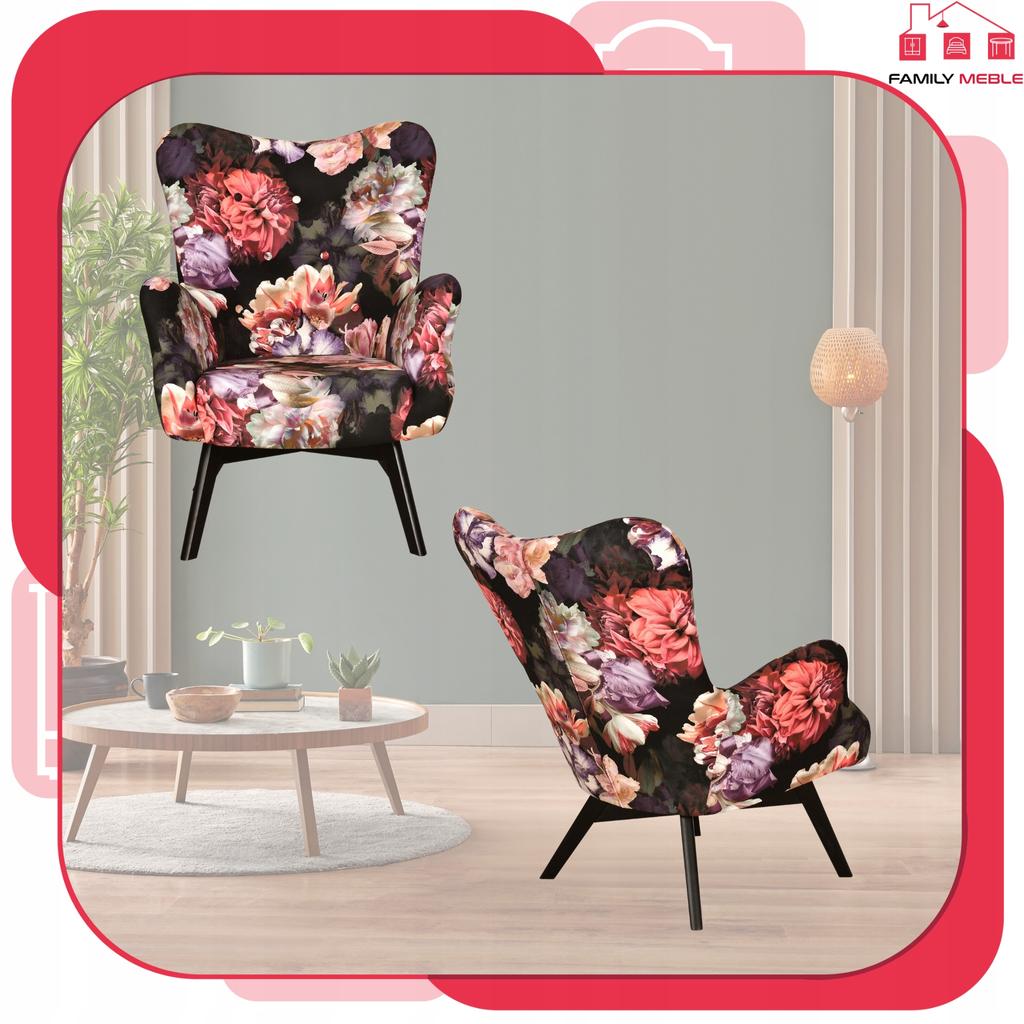 Fotel skandynawski Luna Print z podnóżkiem pufą Family Meble kwiaty piwonie