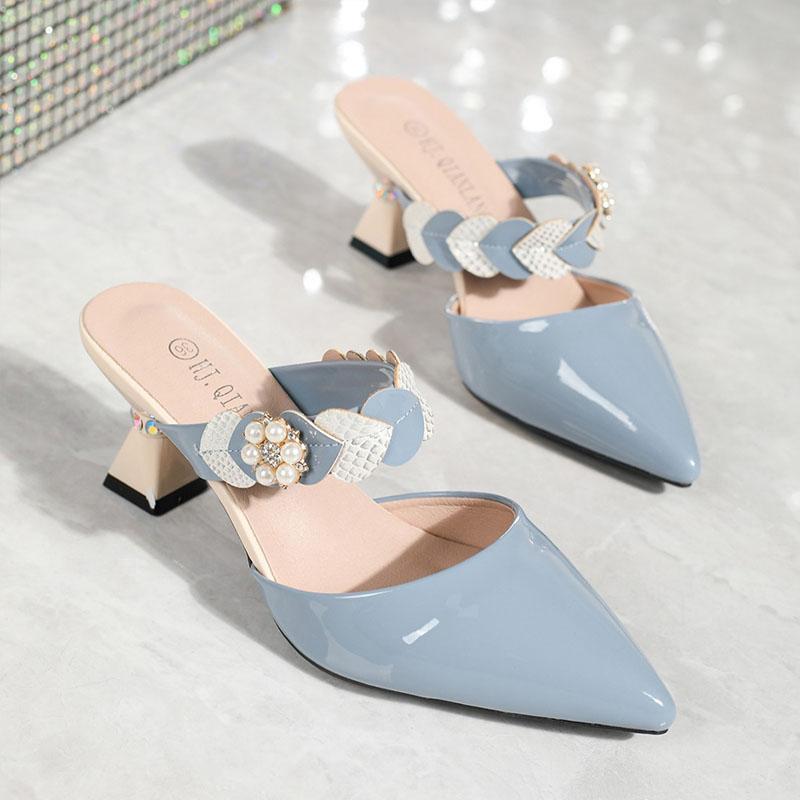 

Летние женские туфли на высоком каблуке, сексуальные туфли-шпильки с острым носком, стразы, жемчуг, туфли-лодочки с открытой пяткой, современные женские тапочки для отдыха на природе EUR 41 небесно-голубой