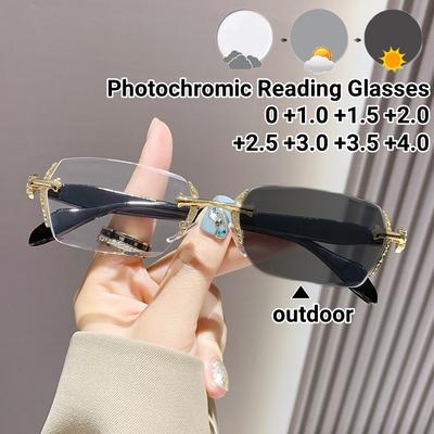 Photochromic Frameless Reading Glasses for Women Cut Edge Anti Blue Light Presbyopia Glasses Comfortable HD Color Change Glasses