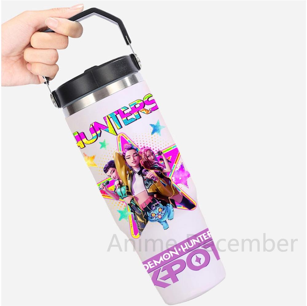 30Oz K-Pop Portable Car Cup Stainless Steel Thermos Cup with Straw Travel Sports Water Bottle with Handle Cover Coffee Vacuum Flask