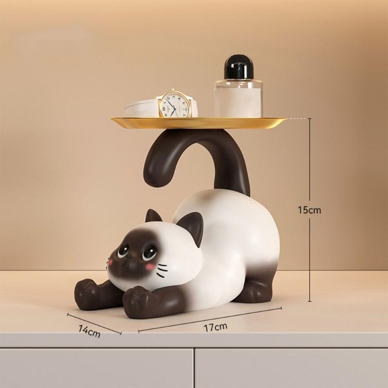 Multifunctional Resin Siamese Cats Statue Desktop Ornament for Key Storage Tray Decorative Display and Housewarming Gift