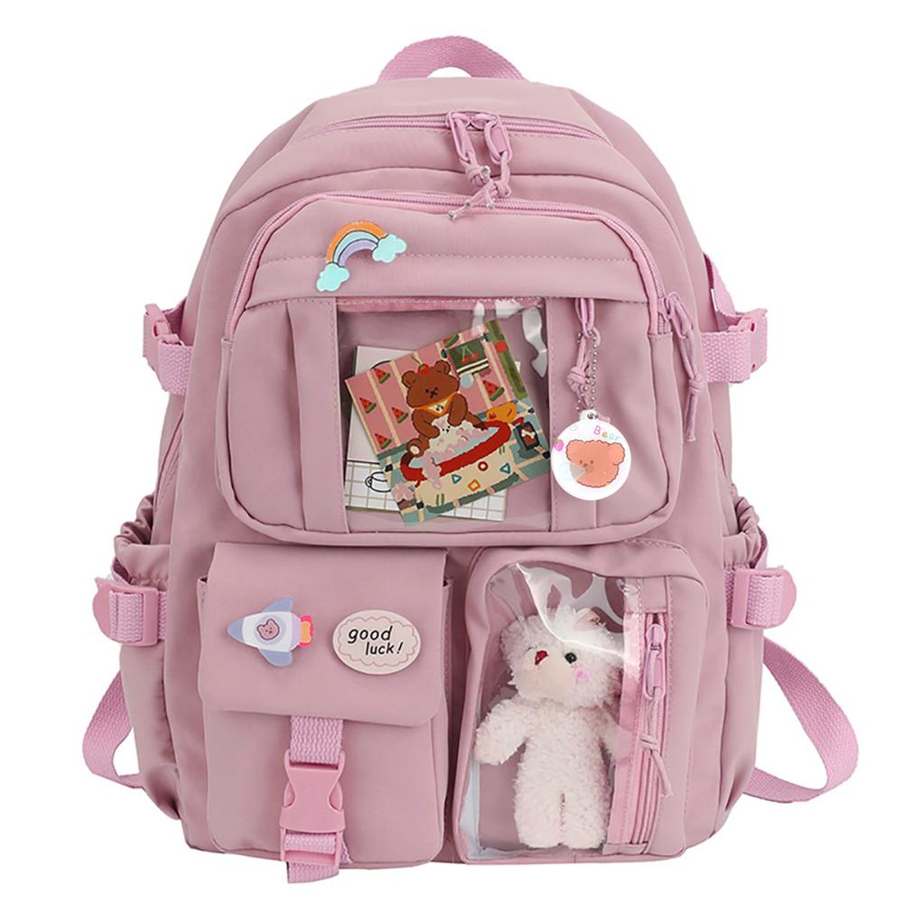 Student Schoolbag Fashion College Student Rucksack Nylon with Plush Pendant Pin Cute Large Capacity Japanese Style for Vacations