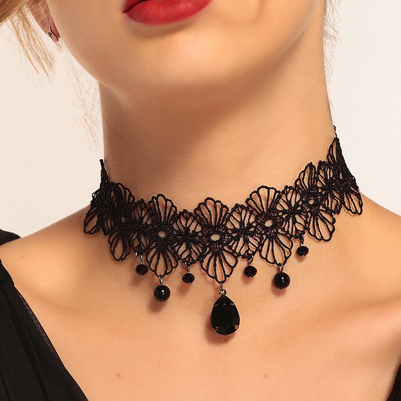 Vintage Gothic Lace Choker For Women Black Pendant Charm Choker Necklace