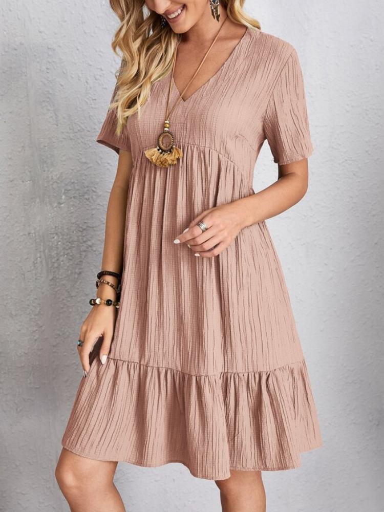 Women Solid Ruffles Mini Dresses Summer Casual Loose V Neck High Waist Dress Ladies Vintage Large Big Lace Dresses