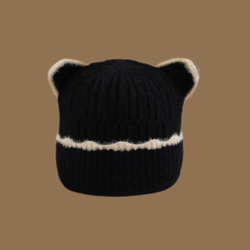 

Зимняя милая мультяшная плюшевая шляпа с широкими полями для женщин в японском стиле, теплая и утолщенная, с защитой ушей, вязаная шапка с медвежьими ушками one size