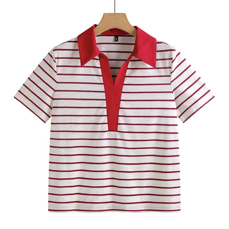 

Женская летняя полосатая тельняшка 2025 с отложным воротником и короткими рукавами Large вино красного