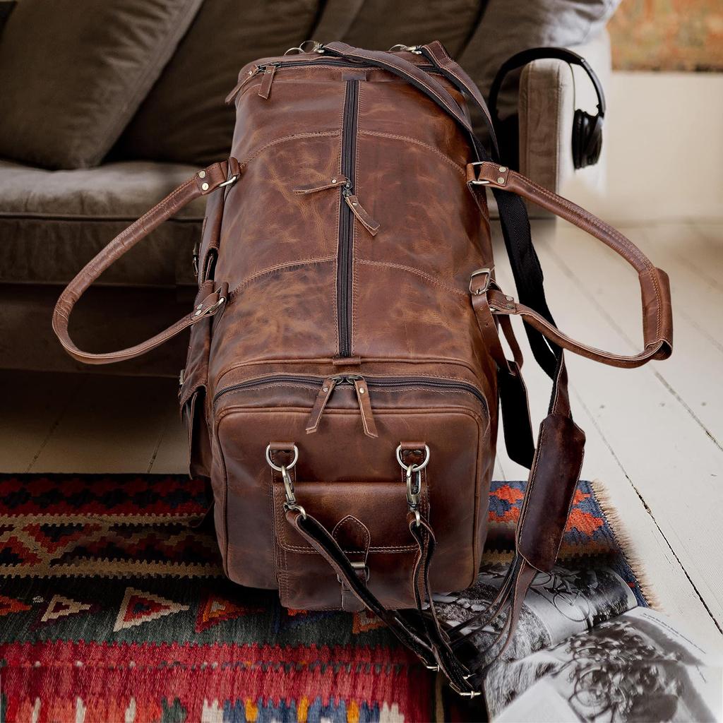 Handmade Top Grain Leather Duffle Bag: 24-inch Weekender Travel Bag