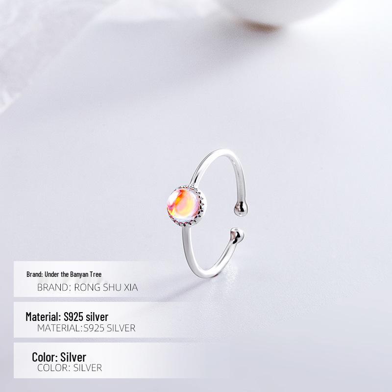 Banyan Tree S925 Silver Adjustable Moonstone Ring for Women – Colorful, Minimalist Design with Thin Round Beads