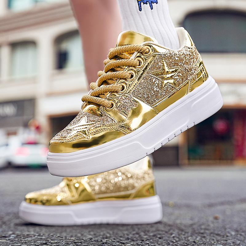 Men Sparkling Shoes Couple Lightweight Sneakers Red Gold Women’s Low Sneakers Casual School Student Plus Size