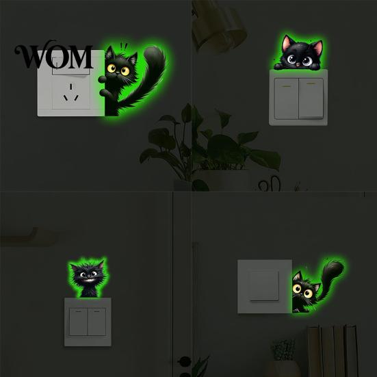 Cute Animal Switch Sticker Luminous Light Decals, Glow in The Dark Cat Sticker, Cartoon PVC Wall Art Mural for Bedroom Living Room Waterproof Decal