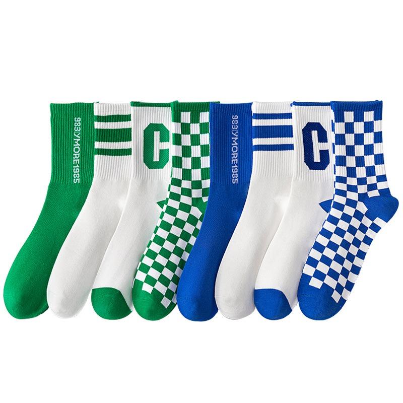 5 Pairs of Socks Cotton Spring and Summer Sports Mid-calf Checkerboard Basketball Socks Big C Green Blue Winter Tide Socks Men and Women