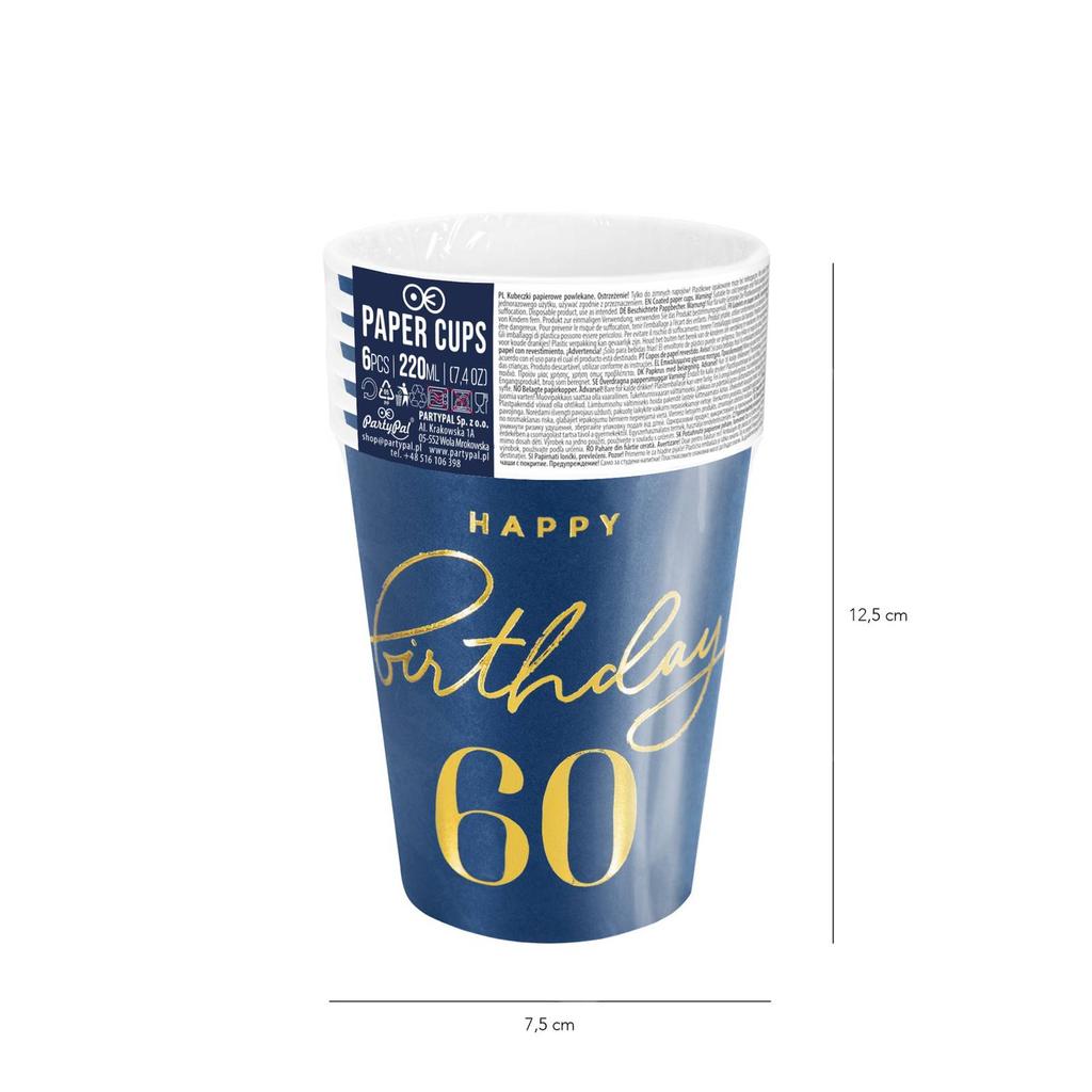 Kubeczki Happy Birthday 60, Granatowy 220Ml 6Szt.