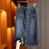 Women's Summer Heart Letter Print Denim Midi Skirt with Pockets