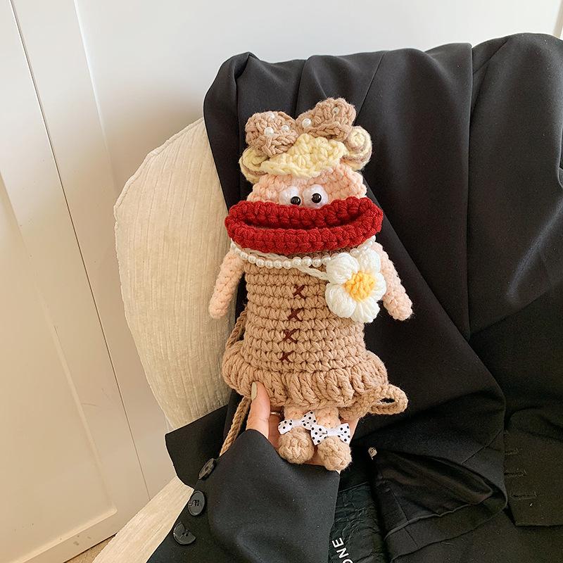 Funny knitted contrasting colors cute doll women's mobile phone bag autumn new exquisite women's shoulder messenger bag