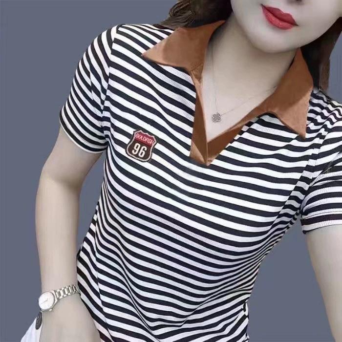 Short Sleeved T-shirt, Plus Size Women's Clothing, Pure Desire Polo Shirt, Lapel Striped Contrasting Color, Stylish Casual Versatile Top