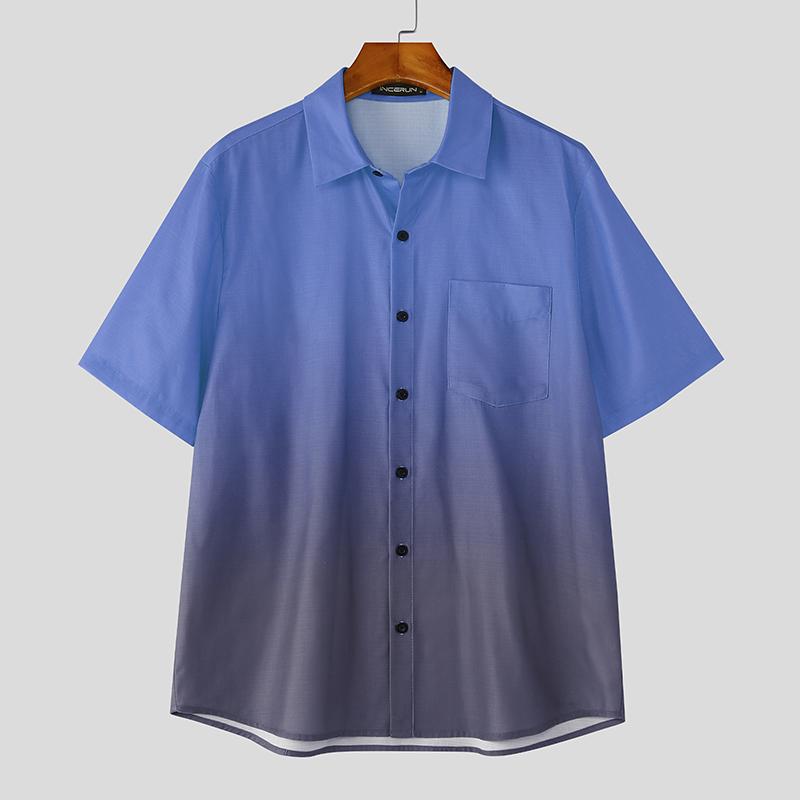 

INCERUN Men Casual Lapel Neck Short Sleeve Gradient Shirts Tops M темно-синий