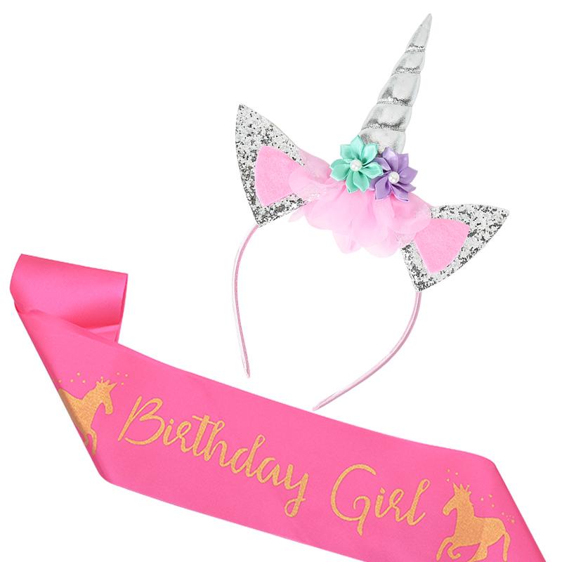 Unicorn Horn Headband Birthday Girl Sash Satin for Girl 1st Birthday Party Decoration Unicorn Theme Party Hair Band Baby Shower