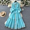 French style Retro Palace Style Lantern Sleeve Lace-up Waist Hugging Single-Breasted Dress Women Slimming Temperament Elegant Long Skirt