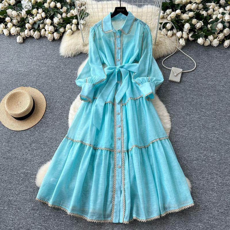 French style Retro Palace Style Lantern Sleeve Lace-up Waist Hugging Single-Breasted Dress Women Slimming Temperament Elegant Long Skirt