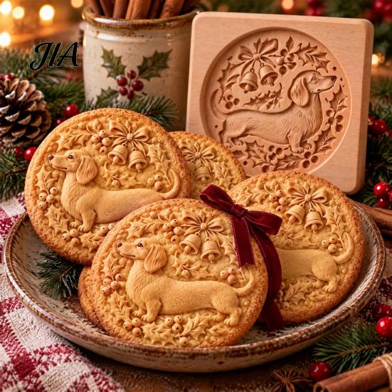 Christmas Baking Supplies Woodland Animal Cookie Mold, Wooden Biscuit Stamps, Scene 3D Red Party Snack Decoration Bird Elk Dachshund Cutter Embossing