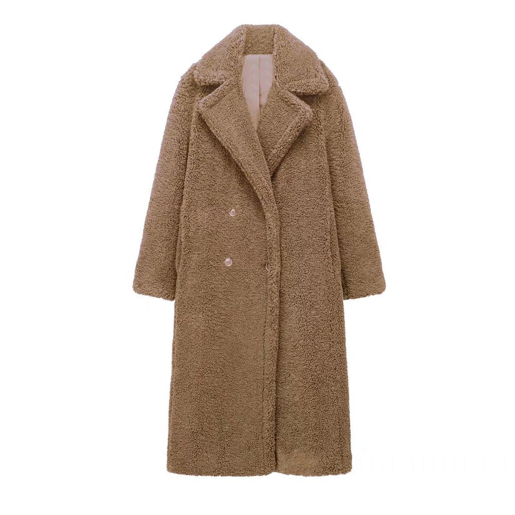 Winter Damen Lässig Uni Mantel Zweireihiger Fleece Mantel Lockere Passform Langer Mantel Damen Vintage Übergroße Lange Jacke