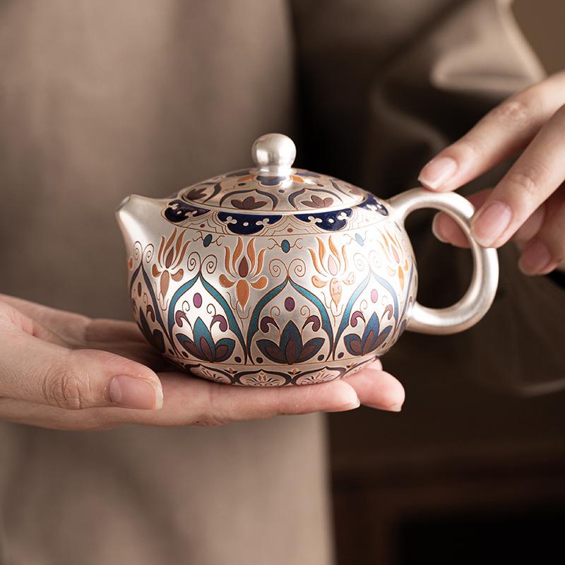 Chinese Silver-Plated Tea Set: Teapot & Cups Gift for Elders, Friends, Housewarming, or Birthday Souvenir.