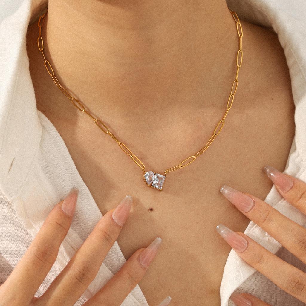 Women's teardrop square zircon necklace, titanium steel light luxury clavicle chain accessory