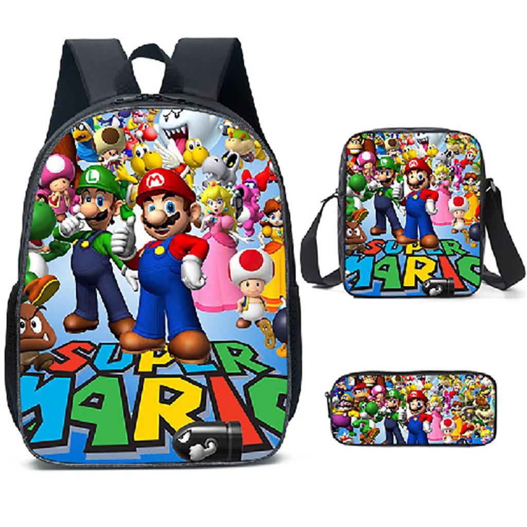 Set Zaino Cartone Animato Mario 3-in-1 Zaino per Studente per Laptop Borsa a Spalla Astuccio Zaino Scolastico per Bambini