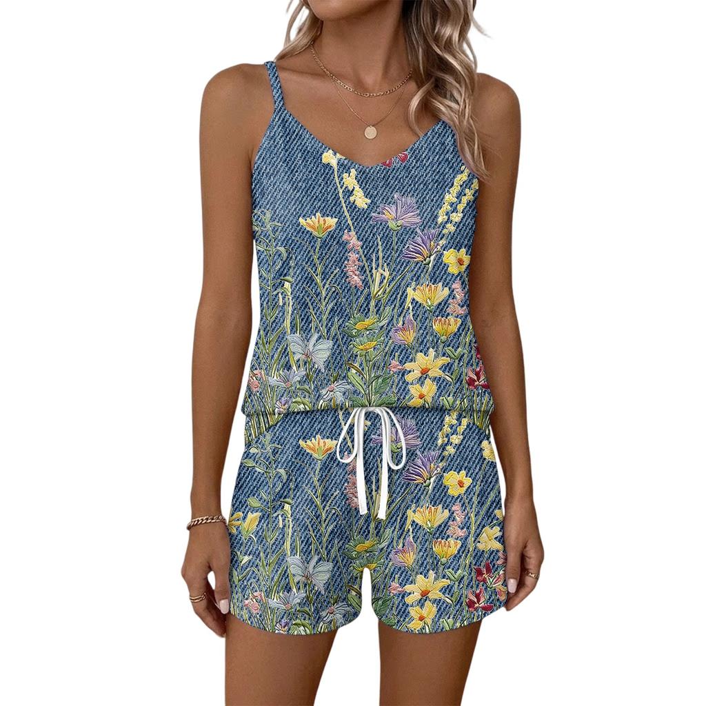 Women's Summer Casual Two Piece Set Floral Print Sleeveless Tank Top with Square Neck and Drawstring Waist Shorts with Pockets