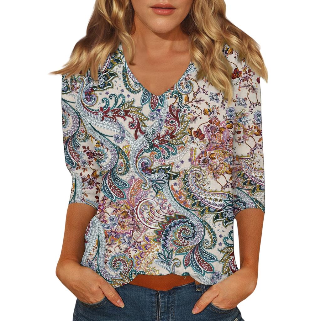 Top Casual de Moda para Mujer Sexy Cómodo Cuello en V Floral Manga Siete