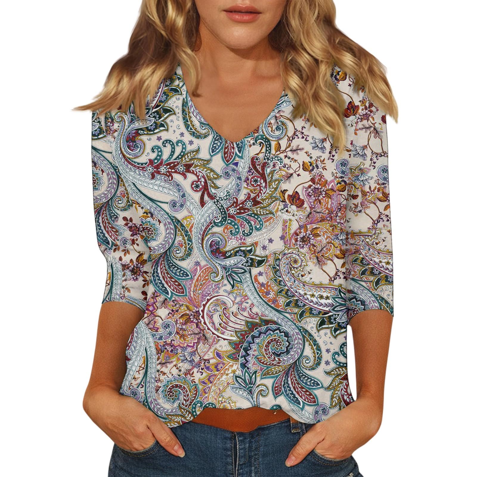 

Женский повседневный модный сексуальный удобный топ с V-образным вырезом и цветочным принтом, с рукавом семь восьмых L