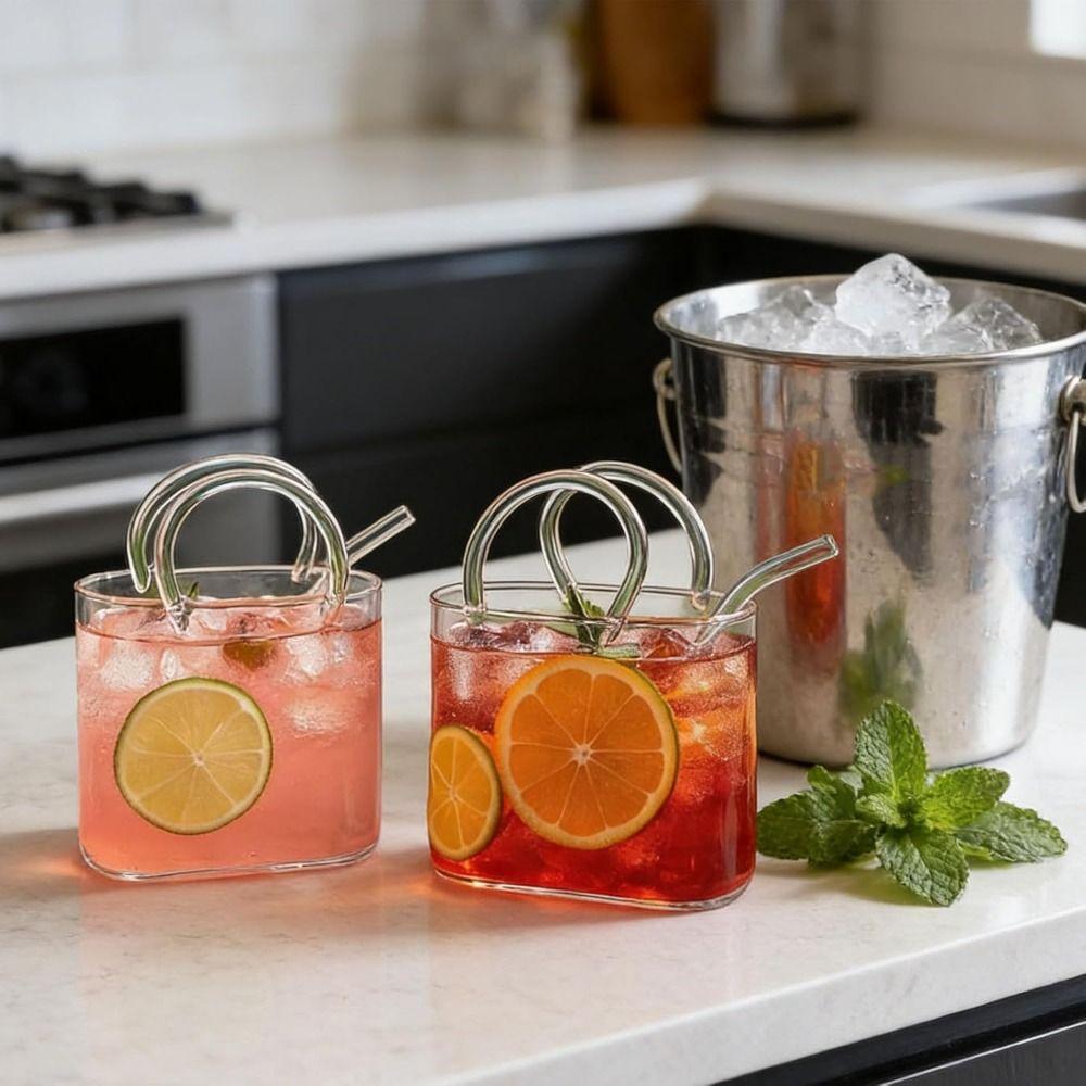16oz Glass Purse Bag Clear Champagne Bucket Funny Juice Flowers Tea Cocktail Glass Cups With Straw Glass Vases Decor Party Gift
