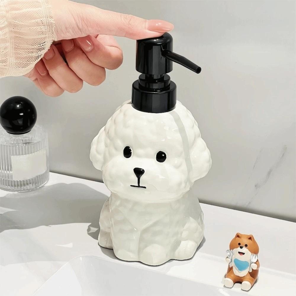 Refillable Bichon Frise Ceramic Soap Dispenser for Soap, Shampoo, and Detergent