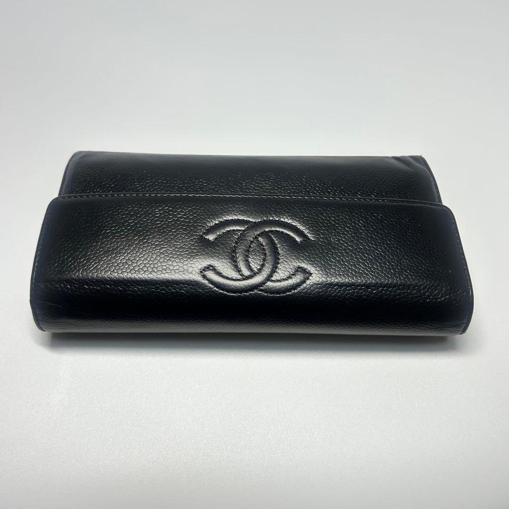 Used CHANEL Chanel Coco Mark Caviar Skin Long Wallet Black Beautiful Condition