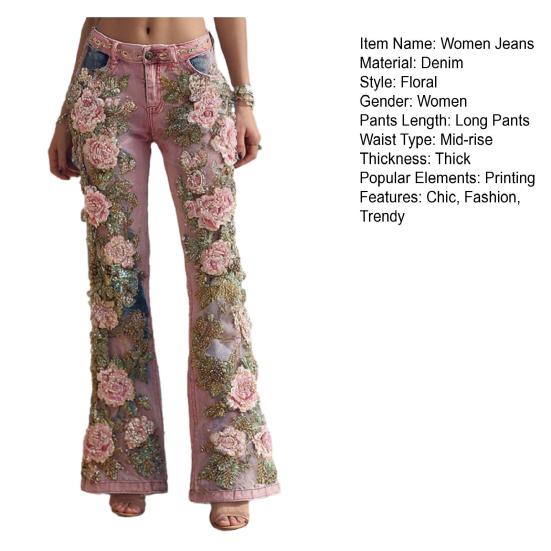 Bell Bottom Jeans for Women 3D Digital Floral Print Stretch Flared Jeans Mid Rise Retro Denim Pants with Pockets