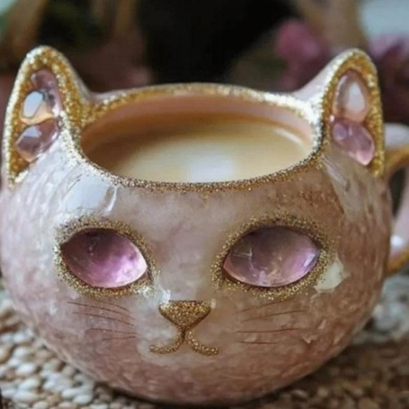 Sparkling Crystal Cats Face Mugs Handmade Resin Artware Collectible Item For Coffee Drinkers Kitchen Display