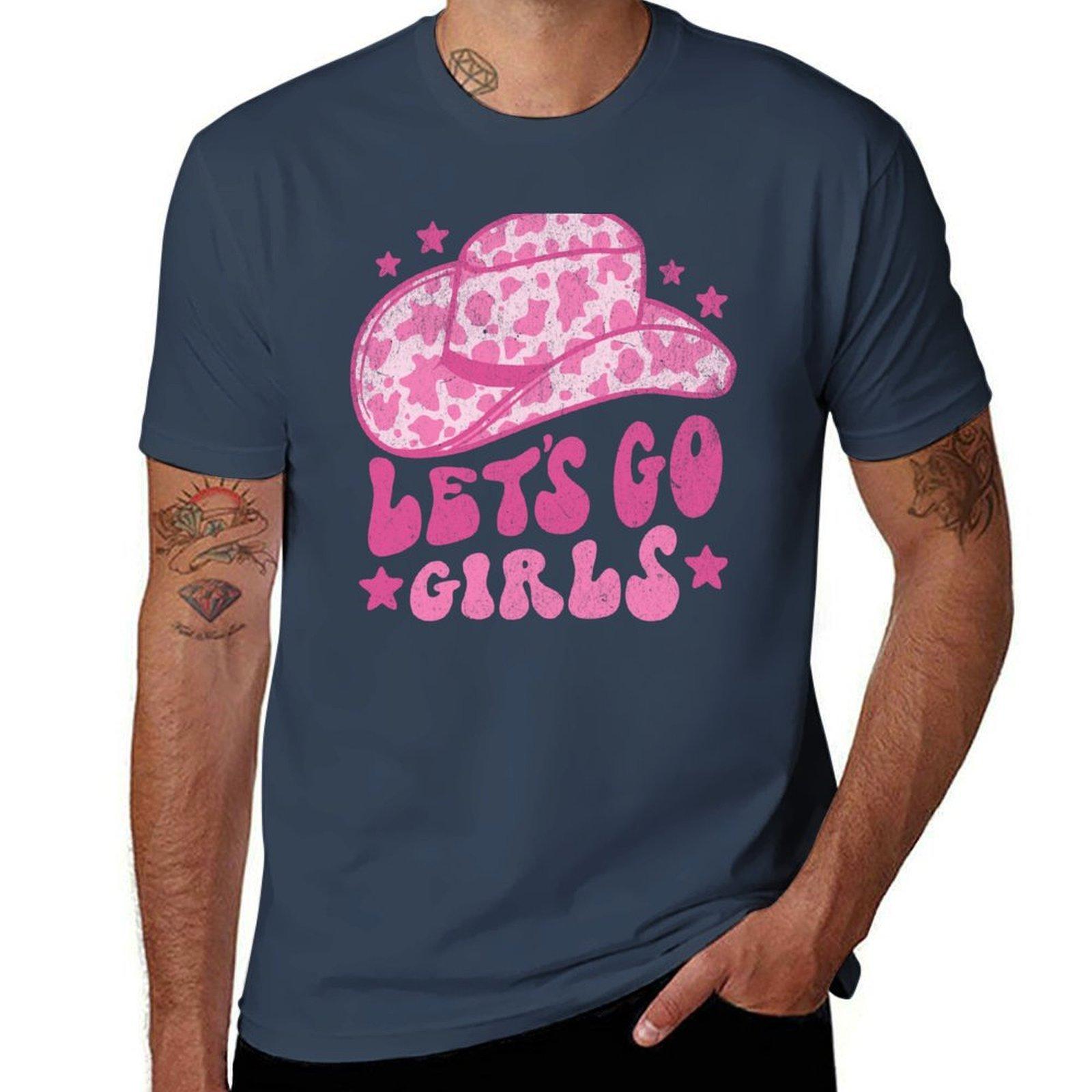 Lets Go Girls Retro Space Cowgirl Hat Pink Tshirt Casual Basic Short Sleeve Tshirt S