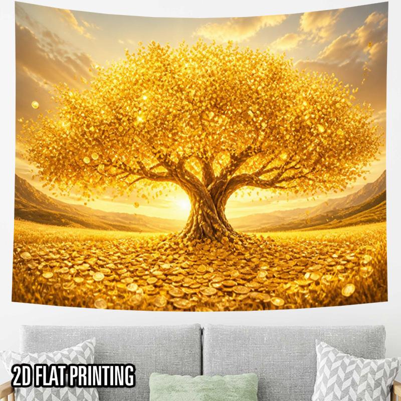 2D Flat, 2D Flat Print 1pc Tapestry Golden Money Tree Tapestry Wealth Abundance Wall Hanging Tapestry for Home Office Bedroom Decor, Creative Modern A