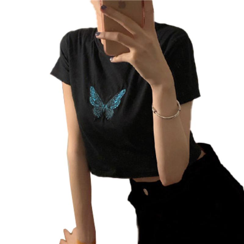 Summer New High-waisted Short-sleeved Embroidered Butterfly Short-sleeved T-shirt Women's Versatile Slim and Sexy