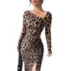 European & American Leopard Print Round Neck Long Sleeve High Waist Dress