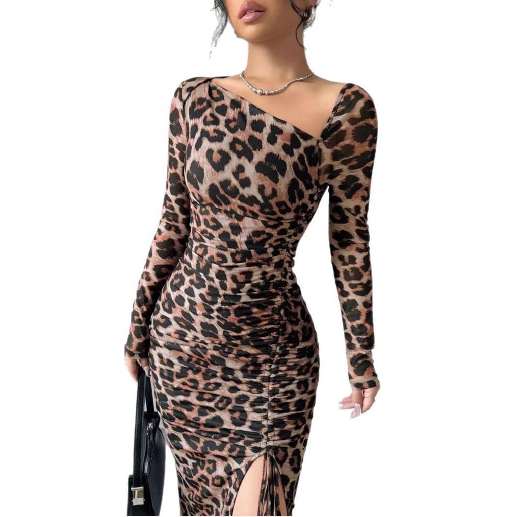 European & American Leopard Print Round Neck Long Sleeve High Waist Dress