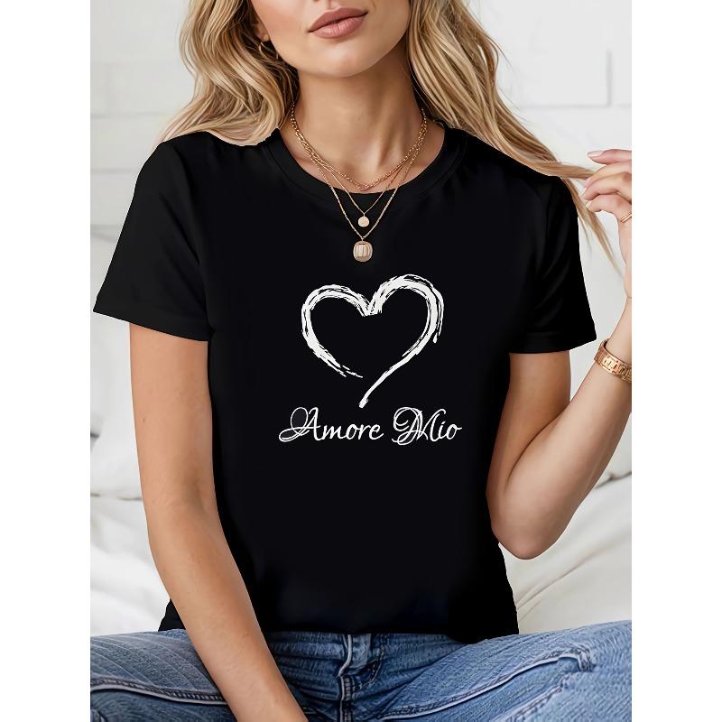 

Футболка с нарисованным принтом Amore Mio на итальянском языке, Черная, с коротким рукавом, с круглым вырезом, Машинная стирка, Подходит для весны, S чёрный