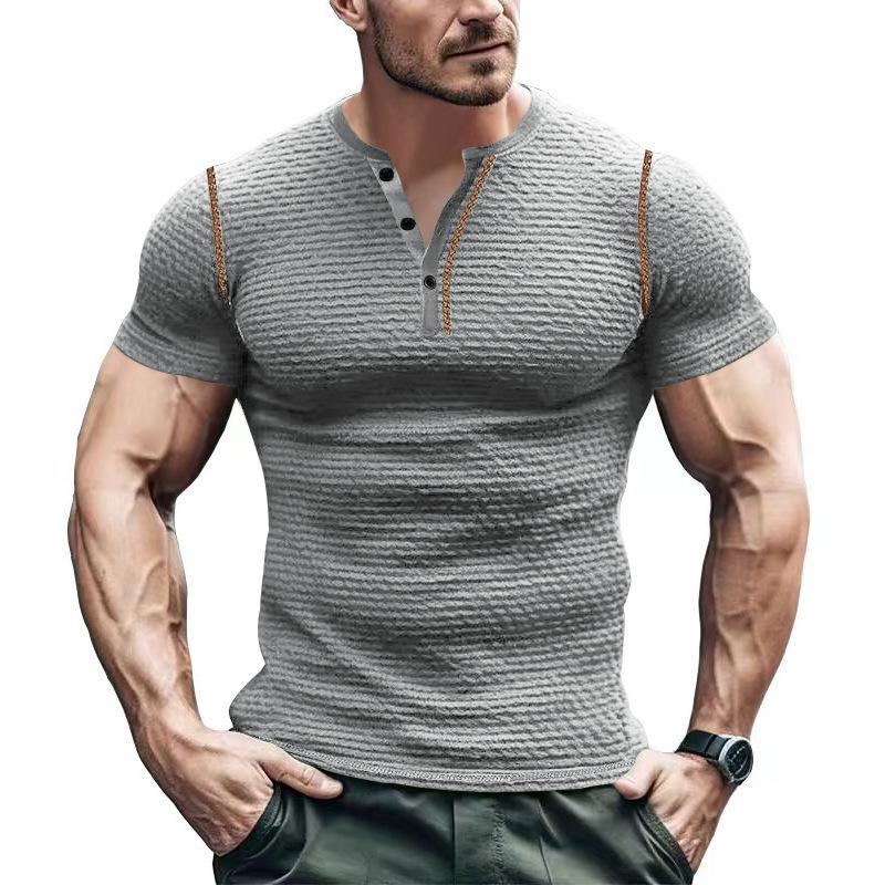Summer Sports Fitness Slim Fit Breathable Men's Short Sleeve T-Shirt European and American Men's Muscle Henry Shirt Men's T-Shirt