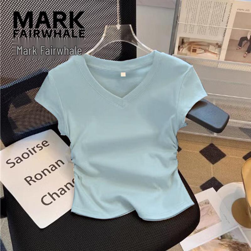 MARK FAIRWHALE Women s V-Neck Slim Fit Ruffle Sleeve Crop Top XXL синий