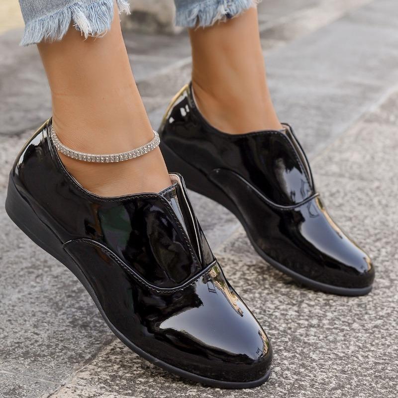 

Large size round head glossy women s casual leather shoes wedge heel trend versatile foot shoes 36
