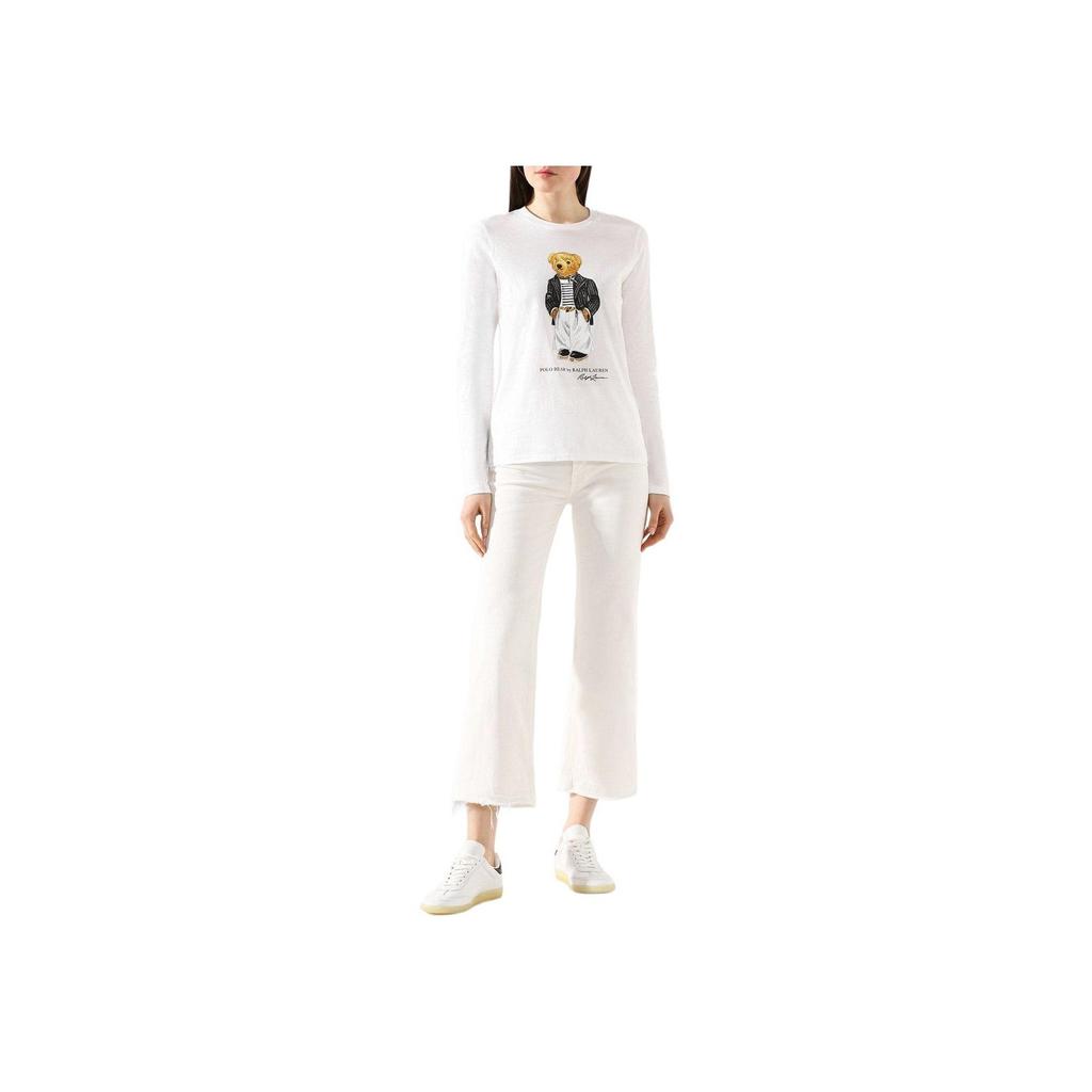 Polo Ralph Lauren SS24 Bear Pattern Crew Neck Long Sleeve Regular T-Shirt Women Tops White 211795418-001