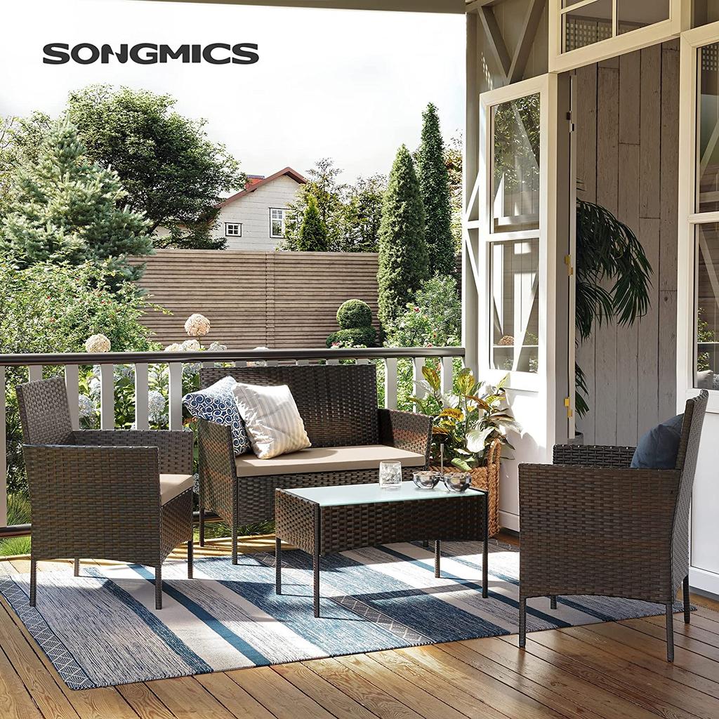 SONGMICS GGF004K05 Balcony Garden Furniture Set PE Polyrattan Lounge Set Patio Furniture Outdoor for Patio Balcony Garden Brown Taupe